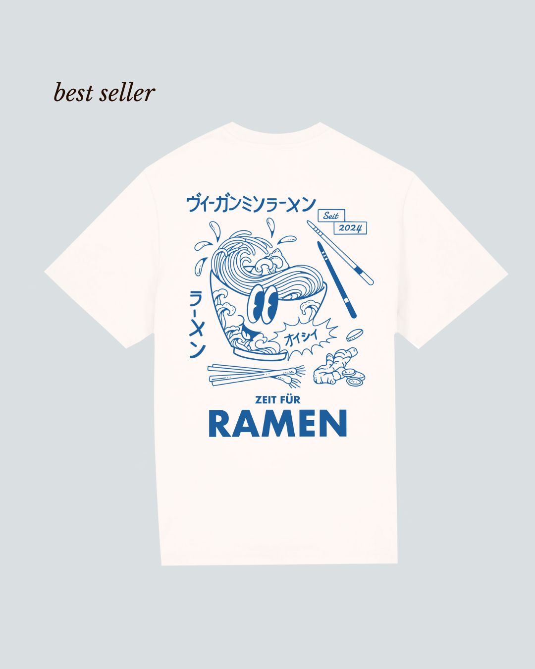 Koohl's Ramen T-Shirt Rückenmotiv per Siebdruck mit wasserbasierten Farben, Bio-Baumwolle, blauer Druck auf weißem T-Shirt