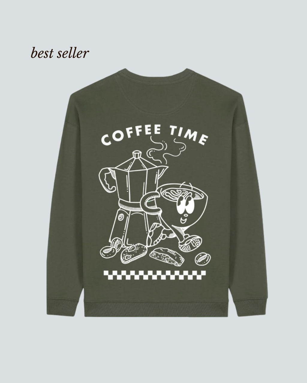 Koohl's Coffee Time Crewneck Sweater, Rückenmotiv Kaffee, weißer Druck per Siebdruck mit wasserbasierten Farben auf grünem oversized Bio-Baumwolle Pullover, Slow Fashion