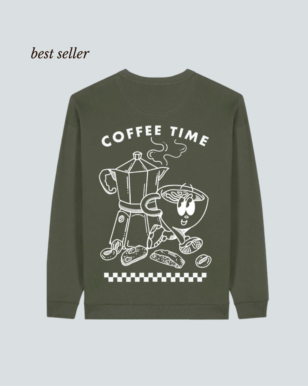 Koohl's Coffee Time Crewneck Sweater, Rückenmotiv Kaffee, weißer Druck per Siebdruck mit wasserbasierten Farben auf grünem oversized Bio-Baumwolle Pullover, Slow Fashion