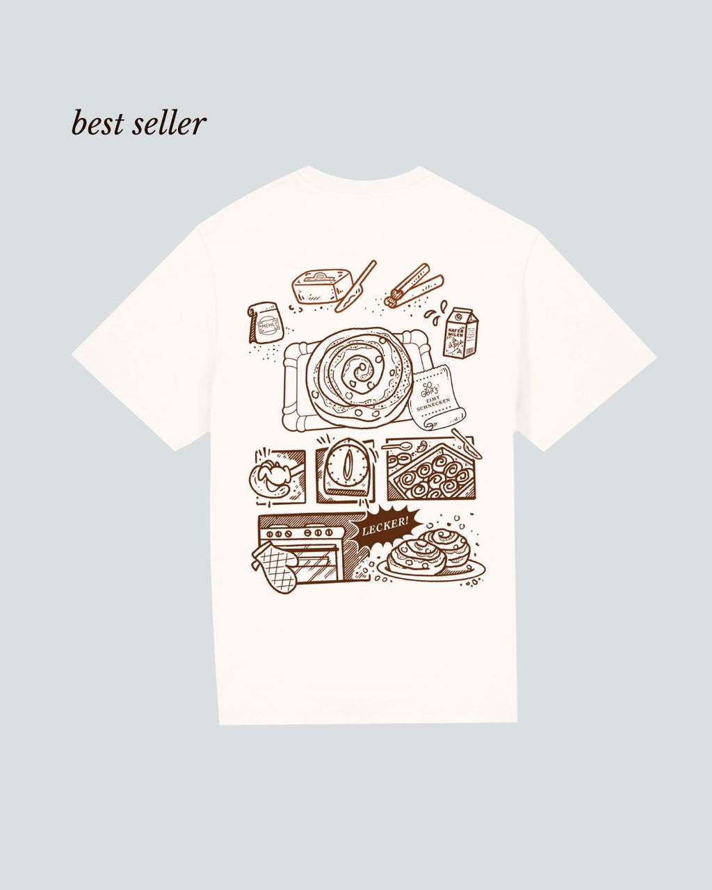 Produktbild Zimtschnecken T-Shirt Koohl's Zimtschnecken T-Shirt, Rückenmotiv Zimtschnecken, brauner Druck per Siebdruck mit wasserbasierten Farben auf off-white oversized Bio-Baumwolle T-Shirt, Slow Fashion