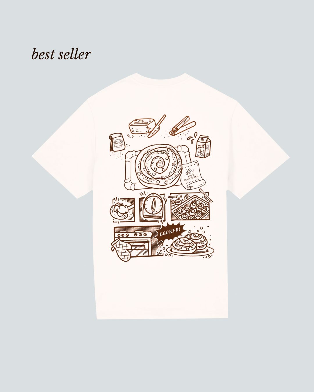 Produktbild Zimtschnecken T-Shirt Koohl's Zimtschnecken T-Shirt, Rückenmotiv Zimtschnecken, brauner Druck per Siebdruck mit wasserbasierten Farben auf off-white oversized Bio-Baumwolle T-Shirt, Slow Fashion