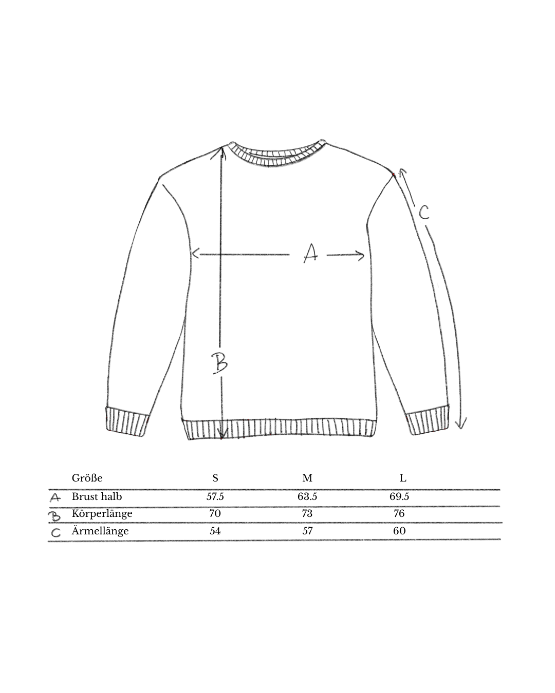 Nachhaltiger Bio-Pullover Größentabelle, handbedruckt – Koohl’s Slow Fashion