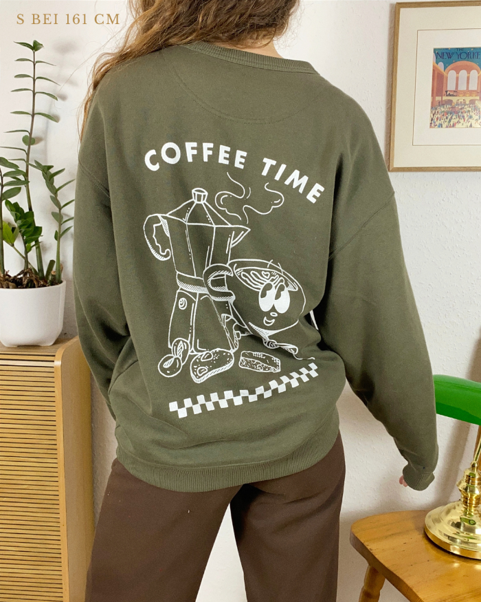 Nachhaltiger Bio-Pullover mit Kaffeemotiv, handbedruckt – Koohl’s Slow Fashion