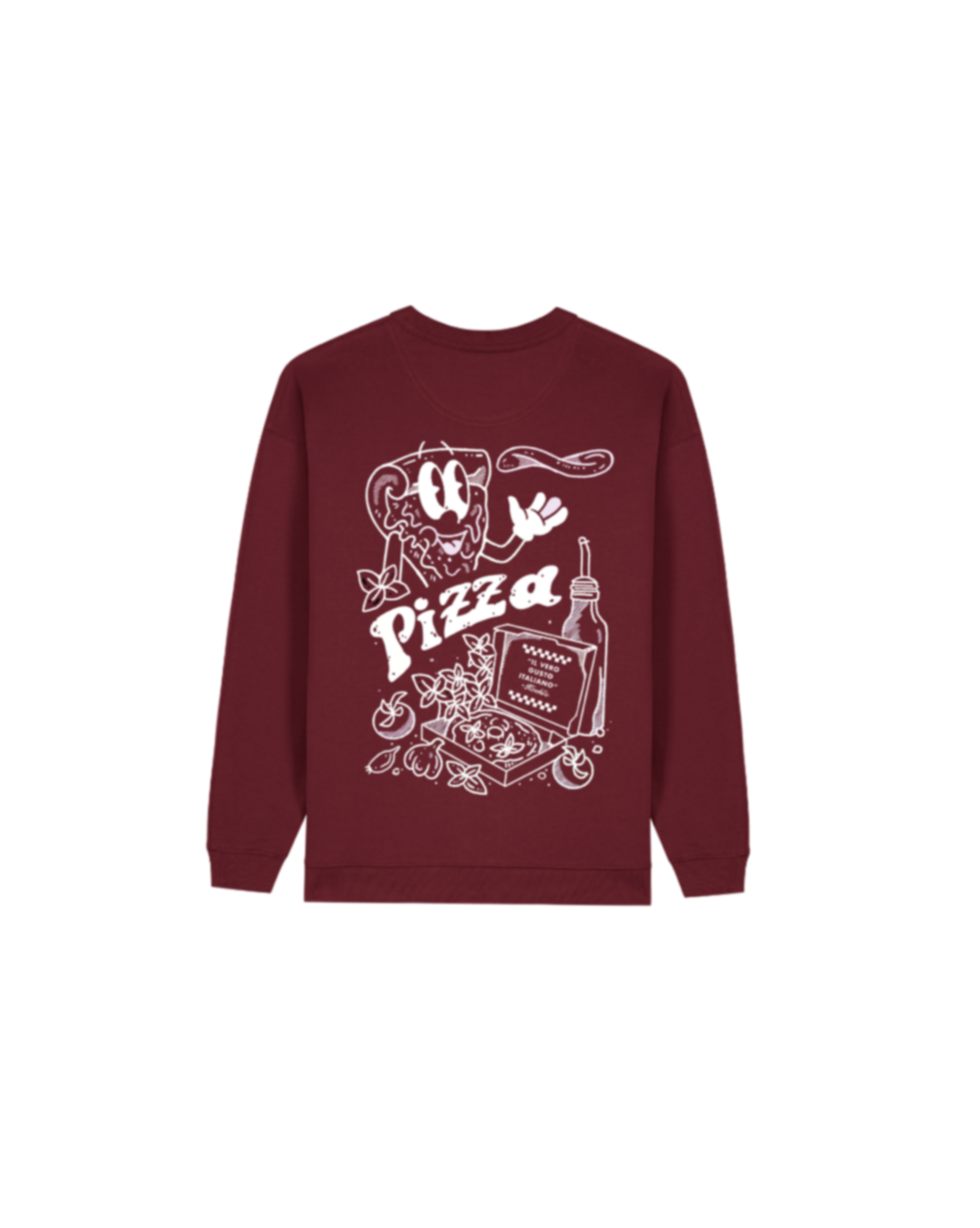 Nachhaltiger Bio-Pullover mit Pizzamotiv, roter Sweater, handbedruckt – Koohl’s Slow Fashion