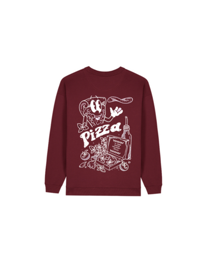 Nachhaltiger Bio-Pullover mit Pizzamotiv, roter Sweater, handbedruckt – Koohl’s Slow Fashion