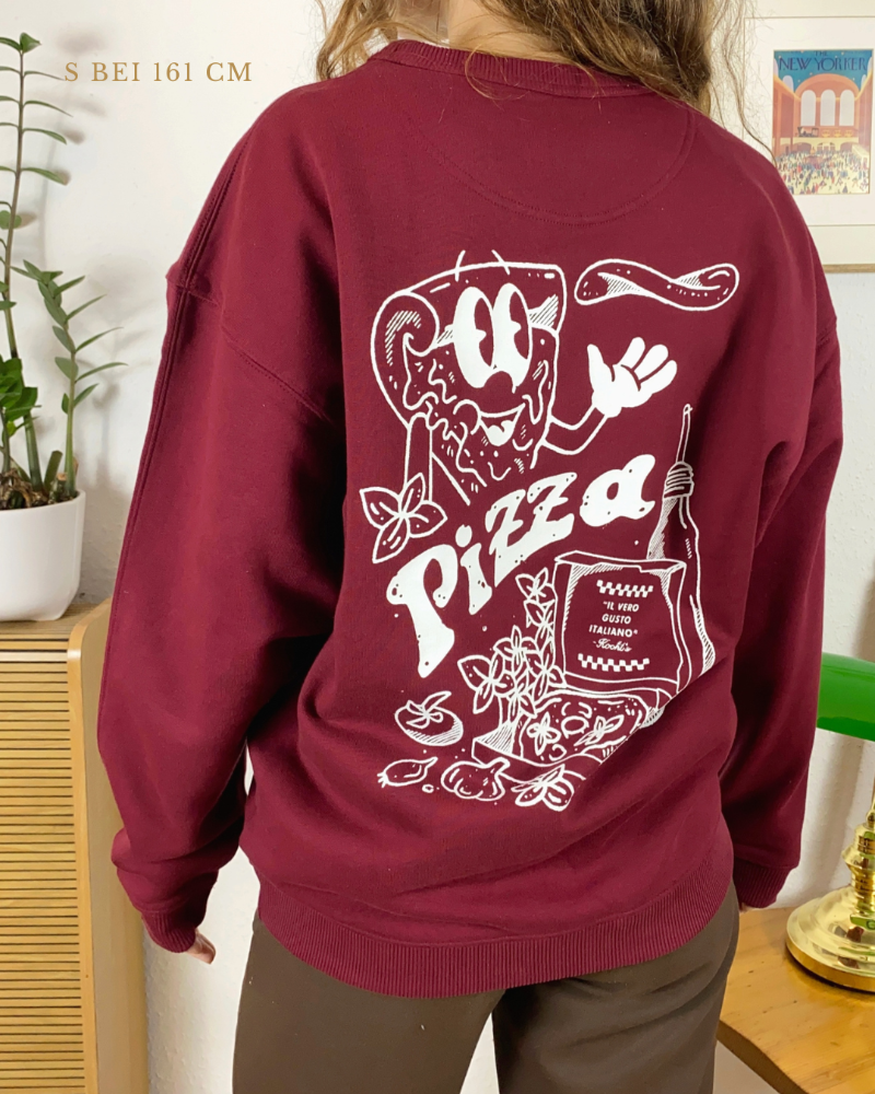 Nachhaltiger Bio-Pullover mit Pizzamotiv, roter Sweater, handbedruckt – Koohl’s Slow Fashion