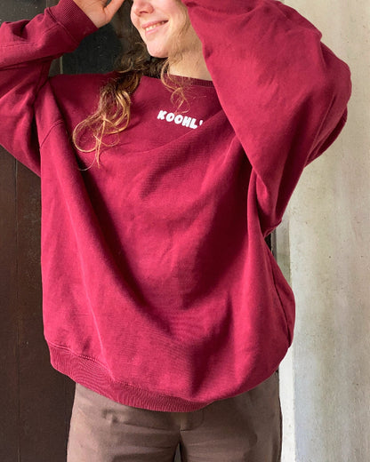 Nachhaltiger Bio-Pullover mit Pizzamotiv, roter Sweater, handbedruckt – Koohl’s Slow Fashion