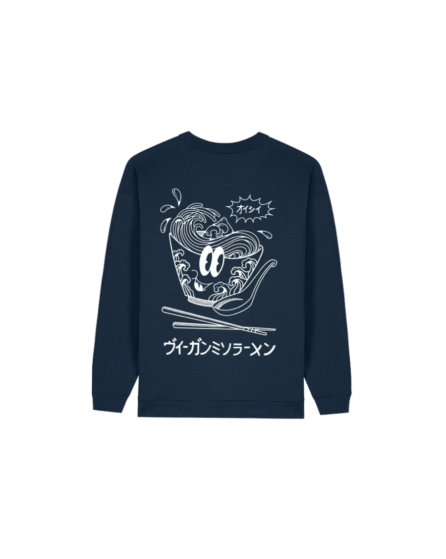 Nachhaltiger Bio-Pullover mit Ramenmotiv, blauer Sweater, handbedruckt – Koohl’s Slow Fashion