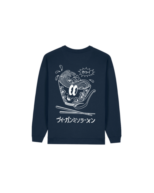 Nachhaltiger Bio-Pullover mit Ramenmotiv, blauer Sweater, handbedruckt – Koohl’s Slow Fashion