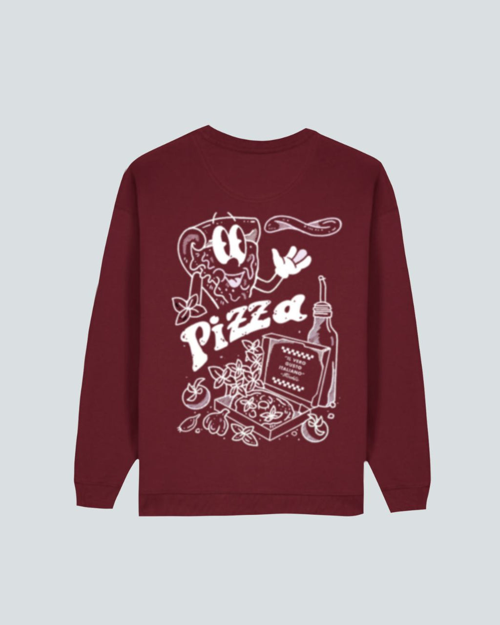 Koohl's Pizza Sweater Crewneck, Rückenmotiv Pizza, weißer Druck per Siebdruck mit wasserbasierten Farben auf burgunder oversized Bio-Baumwolle Pullover, Slow Fashion