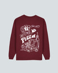 Koohl's Pizza Sweater Crewneck, Rückenmotiv Pizza, weißer Druck per Siebdruck mit wasserbasierten Farben auf burgunder oversized Bio-Baumwolle Pullover, Slow Fashion
