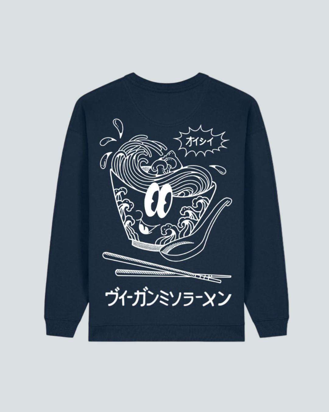 Koohl's Ramen Sweater Crewneck, Rückenmotiv Ramen, weißer Druck per Siebdruck mit wasserbasierten Farben auf dunkelblauem oversized Bio-Baumwolle Pullover, Slow Fashion