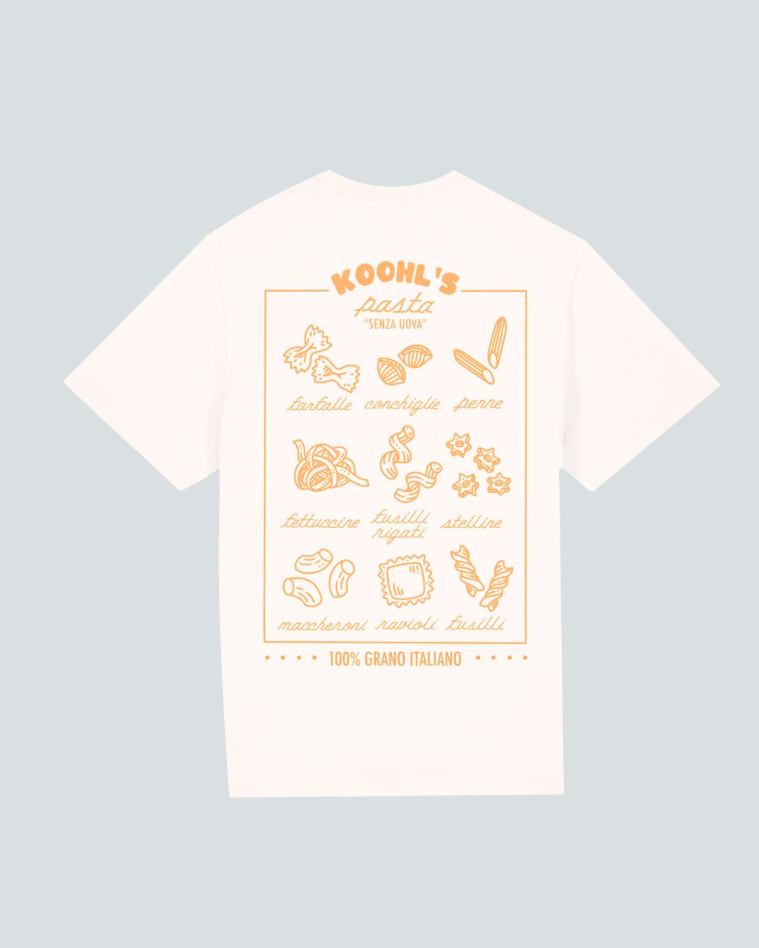 Koohl's Pasta T-Shirt, Rückenmotiv Pastasorten, orangener Druck per Siebdruck mit wasserbasierten Farben auf off-white oversized Bio-Baumwolle T-Shirt, Slow Fashion