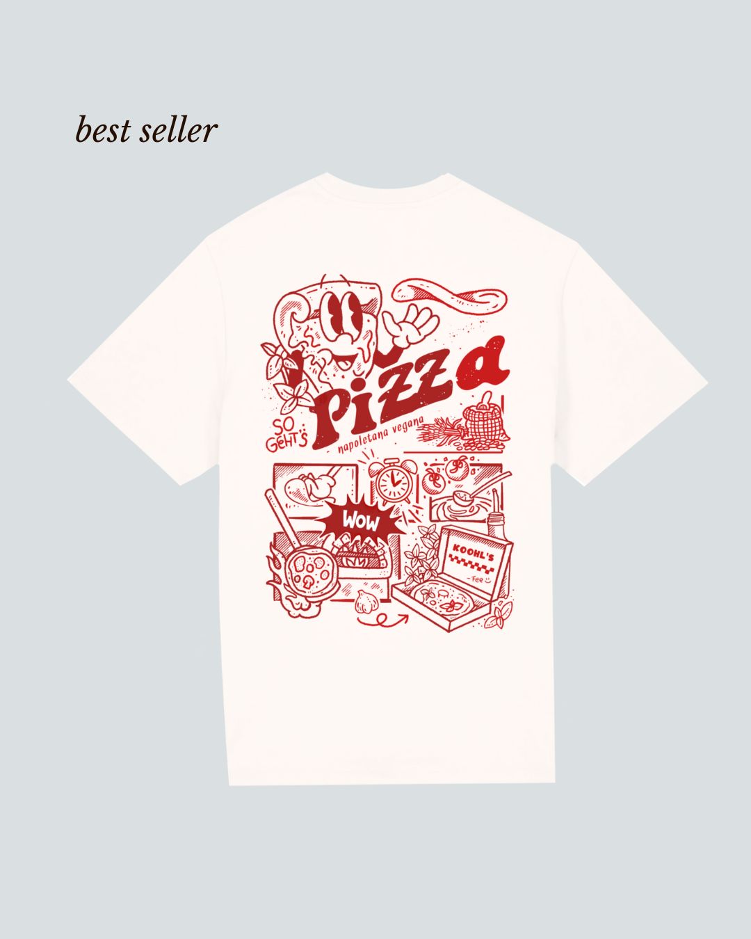 Koohl's Pizza T-Shirt, Rückenmotiv Pizza, roter Druck per Siebdruck mit wasserbasierten Farben auf oversized Bio-Baumwoll T-Shirt, Slow Fashion 