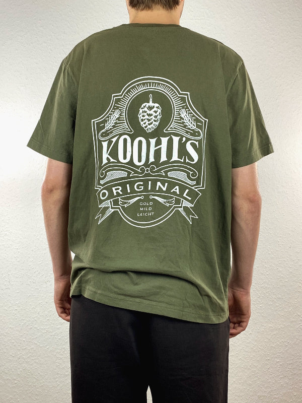 Nachhaltiges Bio-T-Shirt mit Biermotiv, grünes T-Shirt, weißer Druck, Siebdruck, handbedruckt – Koohl’s Slow Fashion