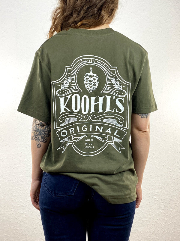 Nachhaltiges Bio-T-Shirt mit Biermotiv, grünes T-Shirt, weißer Druck, Siebdruck, handbedruckt – Koohl’s Slow Fashion