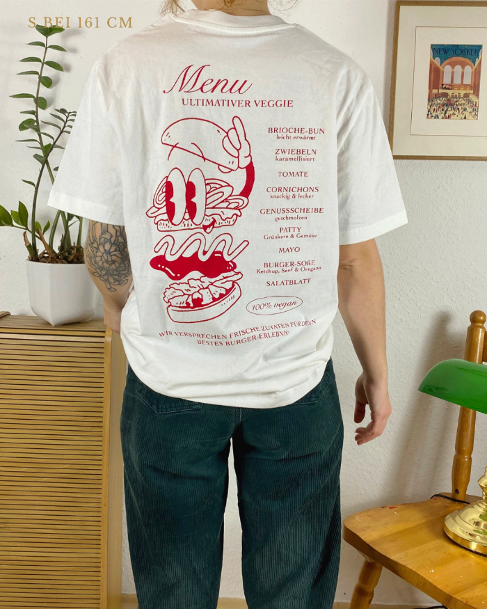 Nachhaltiges Bio-T-Shirt mit Burgermotiv, handbedruckt – Koohl’s Slow Fashion