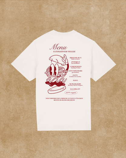 Nachhaltiges Bio-T-Shirt mit Burgermotiv, handbedruckt – Koohl’s Slow Fashion