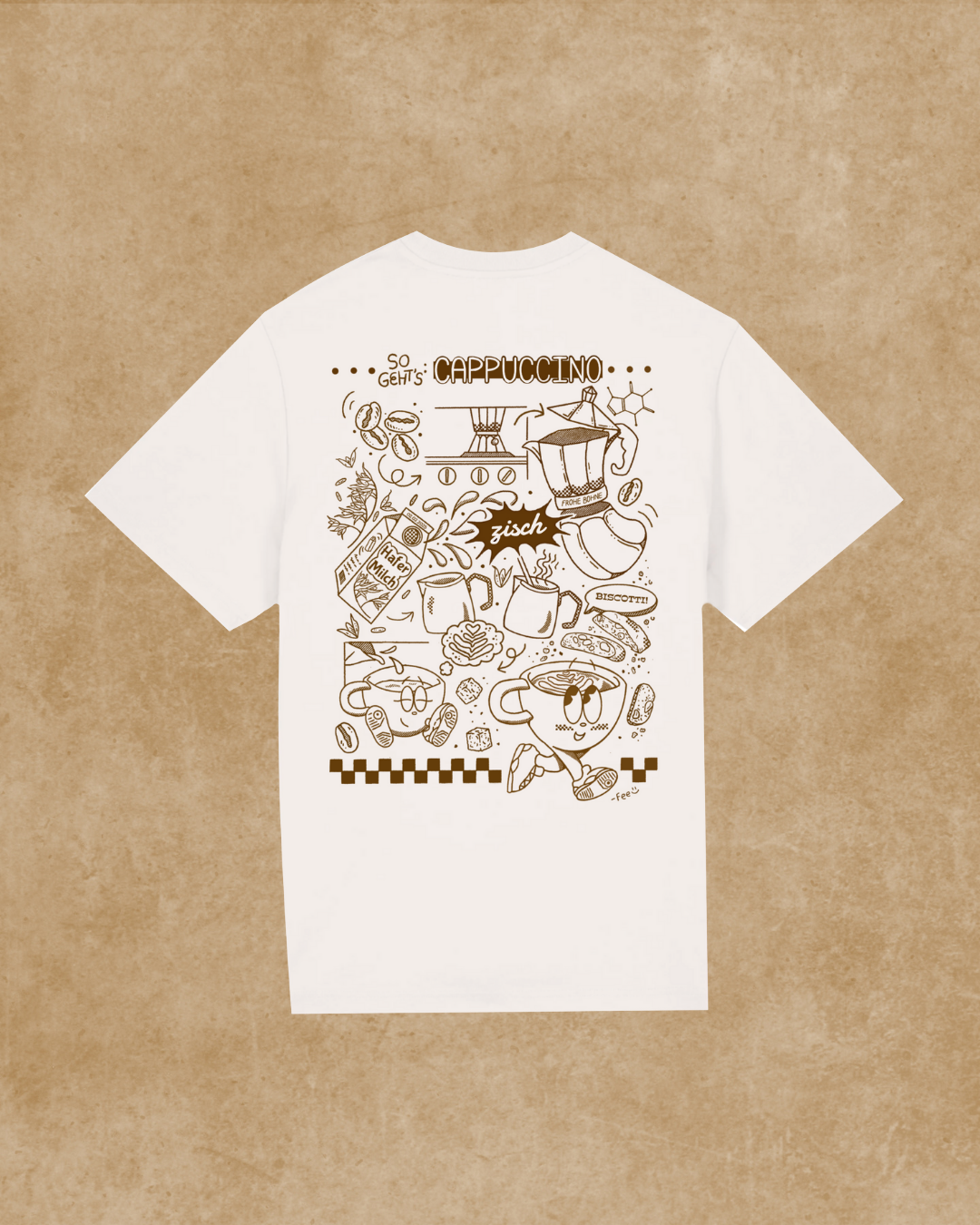 Nachhaltiges Bio-T-Shirt mit Cappuccinomotiv, handbedruckt – Koohl’s Slow Fashion