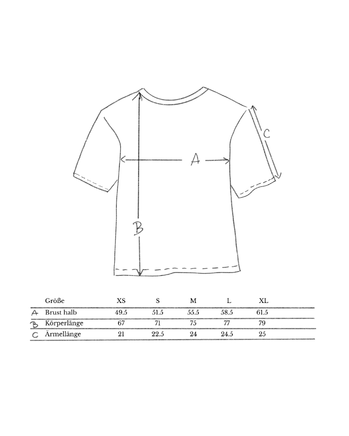 Nachhaltiges Bio-T-Shirt, Größentabelle, handbedruckt – Koohl’s Slow Fashion