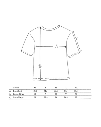 Nachhaltiges Bio-T-Shirt, Größentabelle, handbedruckt – Koohl’s Slow Fashion