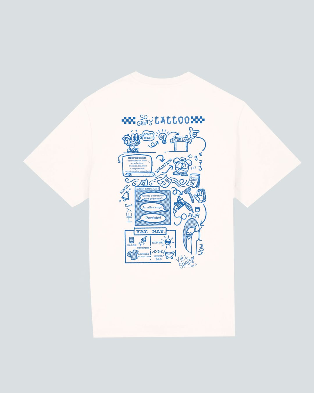 Koohl's Tattoo T-Shirt, Rückenmotiv Tattoo, blauer Druck per Siebdruck mit wasserbasierten Farben auf oversized Bio-Baumwoll T-Shirt, Slow Fashion