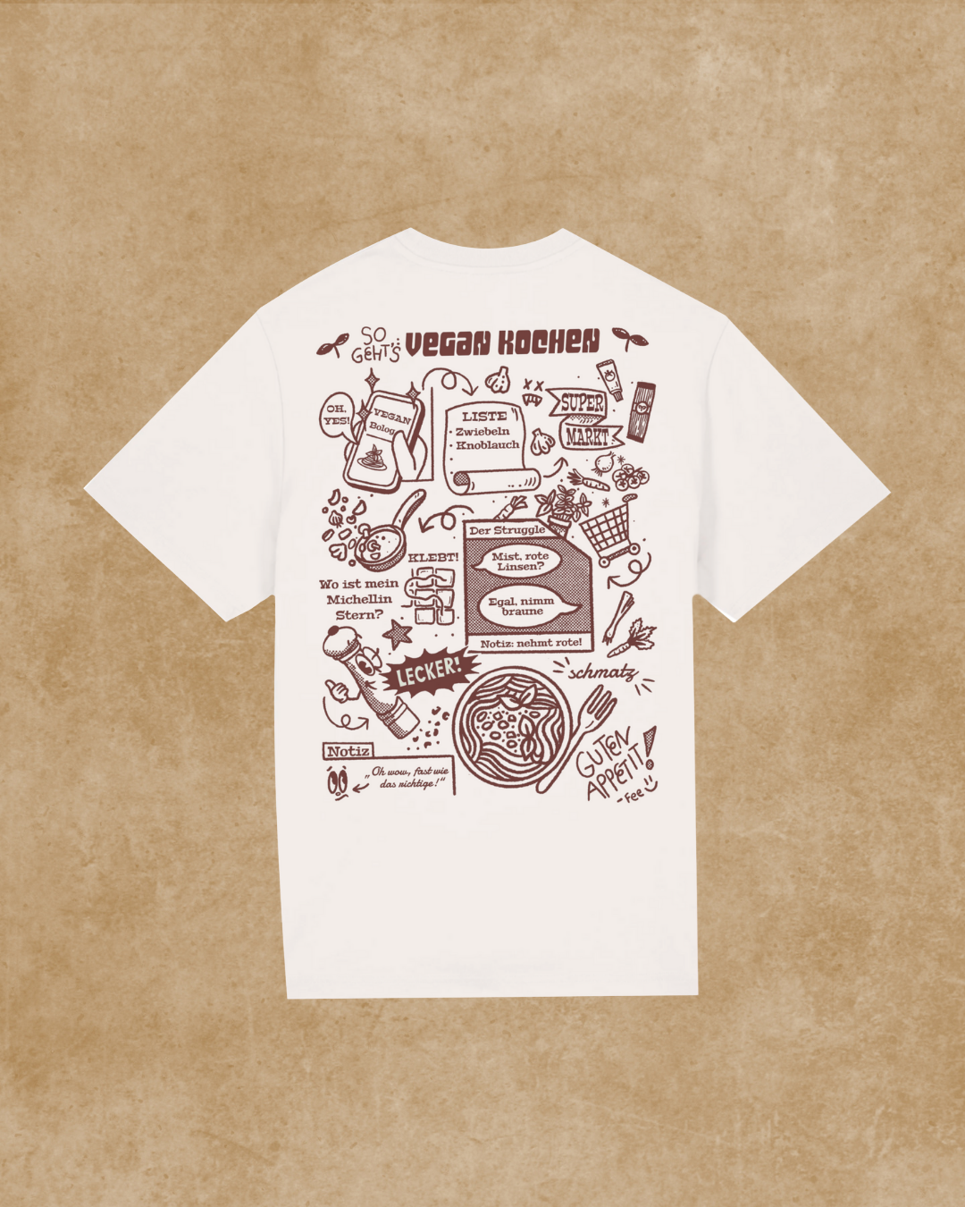 Nachhaltiges Bio-T-Shirt mit vegan kochen Motiv, handbedruckt – Koohl’s Slow Fashion