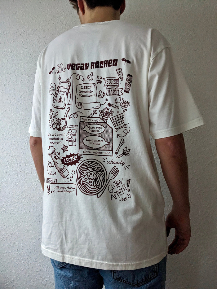 Nachhaltiges Bio-T-Shirt mit vegan kochen Motiv, handbedruckt – Koohl’s Slow Fashion