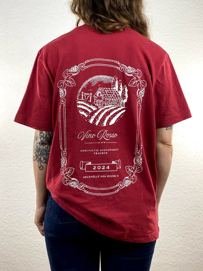 Nachhaltiges Bio-T-Shirt mit Weinmotiv, rotes T-Shirt, weißer Druck, Siebdruck, handbedruckt – Koohl’s Slow Fashion