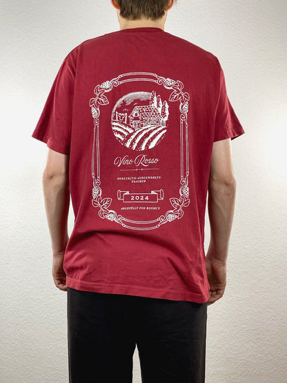Nachhaltiges Bio-T-Shirt mit Weinmotiv, rotes T-Shirt, weißer Druck, Siebdruck, handbedruckt – Koohl’s Slow Fashion