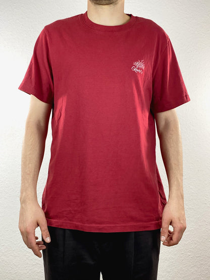 Nachhaltiges Bio-T-Shirt mit Weinmotiv, rotes T-Shirt, weißer Druck, Siebdruck, handbedruckt – Koohl’s Slow Fashion